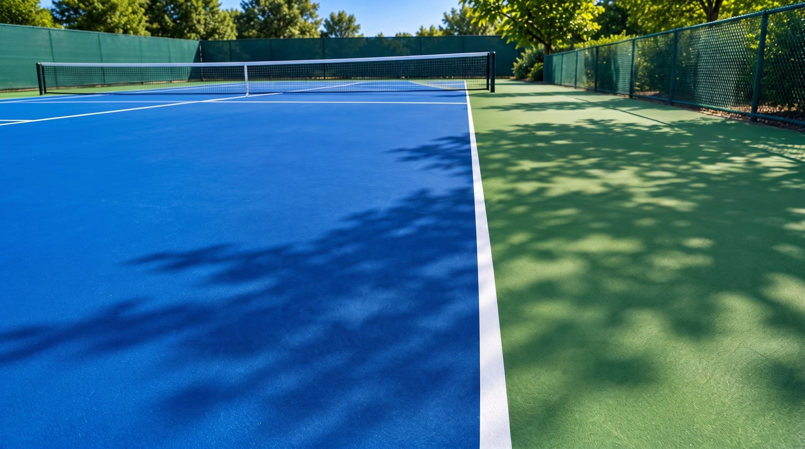 Quadra dura azul com faixa verde, rede e sombras de árvores